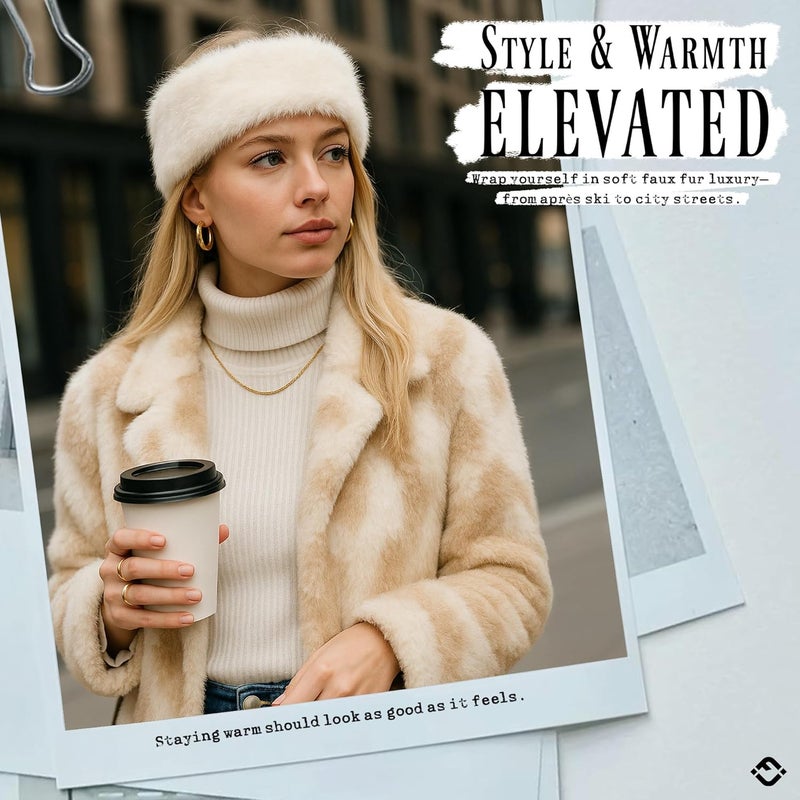 Funky Junque Fuzzy Headbands for Women – Fluffy Faux Fur Ear Warmer Head band, Warm Winter Furry Ear Muff Head Wrap Cozy Fit - Glitter - Ivory - Image 4